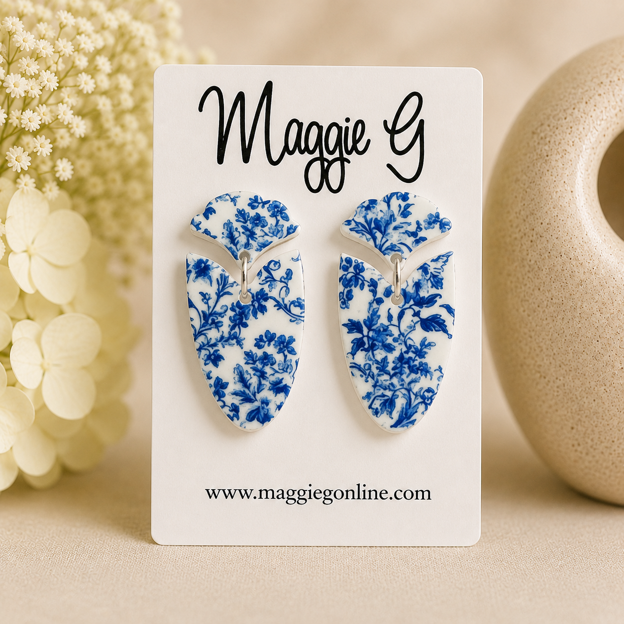 Blue Chinoiserie Floral Drop Earrings | Lightweight Acrylic Dangle Earrings