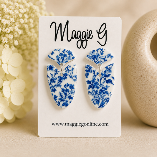 Blue Chinoiserie Floral Drop Earrings | Lightweight Acrylic Dangle Earrings