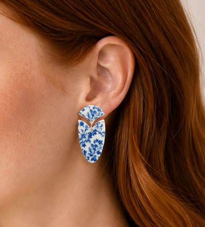 Blue Chinoiserie Floral Drop Earrings | Lightweight Acrylic Dangle Earrings