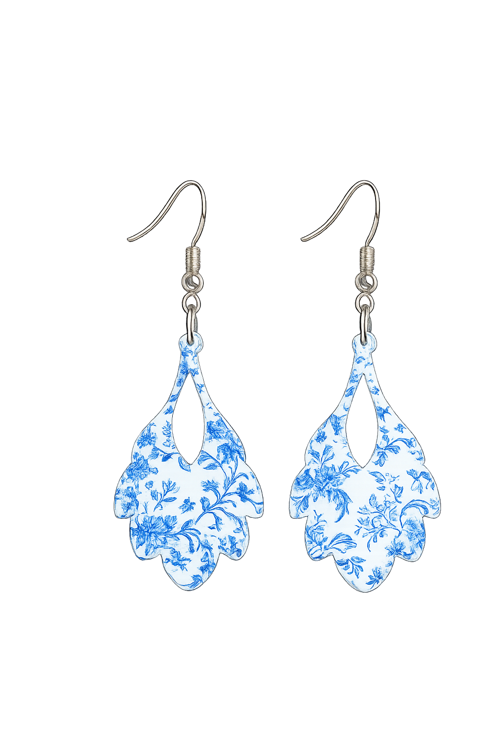 Blue Chinoiserie Floral Filigree Acrylic Earrings – Lightweight Statement Earrings