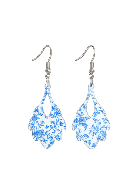 Blue Chinoiserie Floral Filigree Acrylic Earrings – Lightweight Statement Earrings