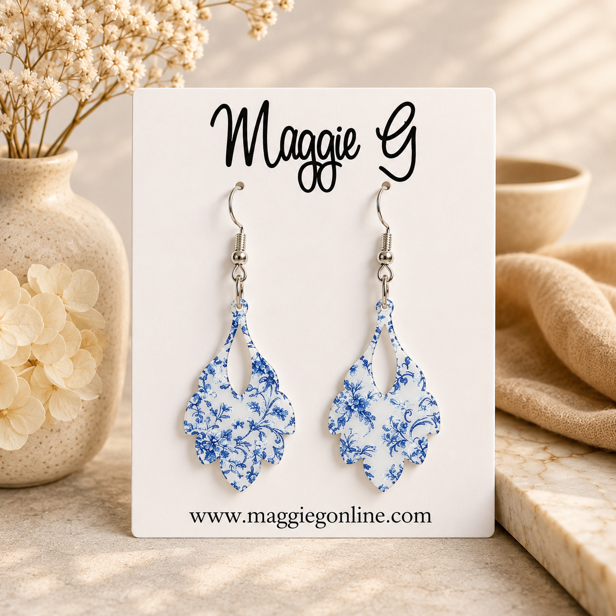 Blue Chinoiserie Floral Filigree Acrylic Earrings – Lightweight Statement Earrings