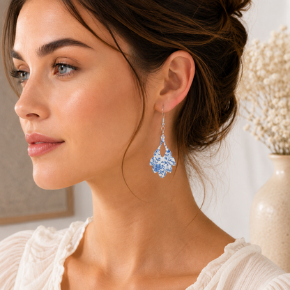 Blue Chinoiserie Floral Filigree Acrylic Earrings – Lightweight Statement Earrings