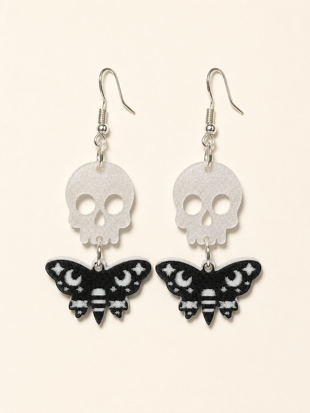 Gothic Skull and Moth Dangle Earrings – Black and White Halloween Jewelry