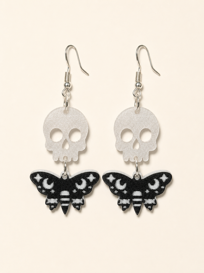 Gothic Skull and Moth Dangle Earrings – Black and White Halloween Jewelry