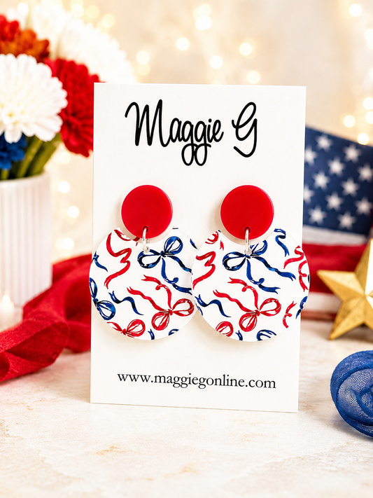 Patriotic Red White & Blue Bow Acrylic Dangle Earrings | Lightweight Fourth of July Statement Earrings