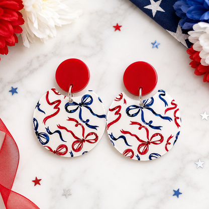 Patriotic Red White & Blue Bow Acrylic Dangle Earrings | Lightweight Fourth of July Statement Earrings