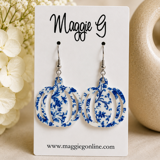 Blue Chinoiserie Pumpkin Dangle Earrings