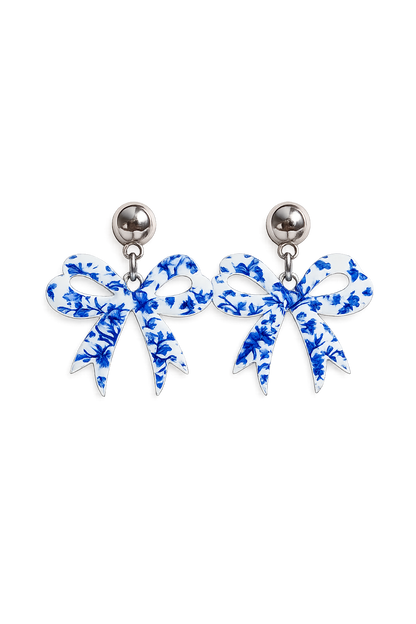 Blue Chinoiserie Coquette Bow Dangle Earrings