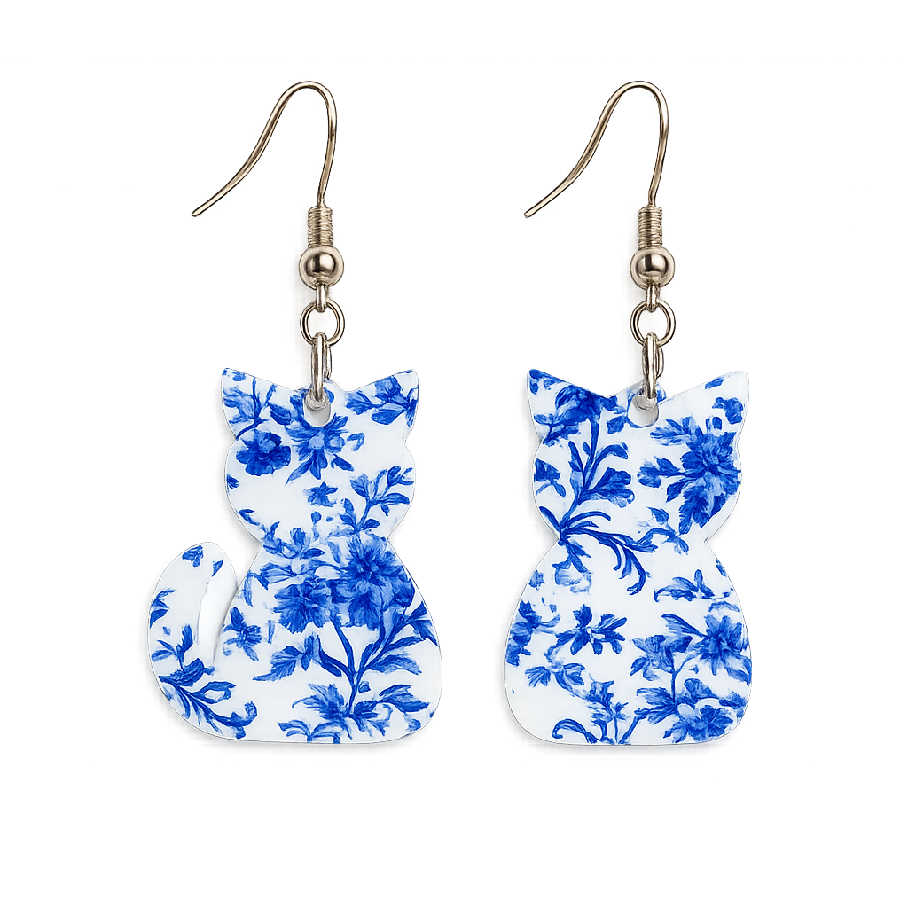 Blue Chinoiserie Cat Dangle Earrings