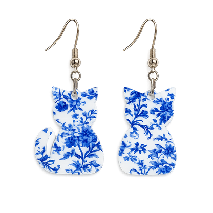 Blue Chinoiserie Cat Dangle Earrings