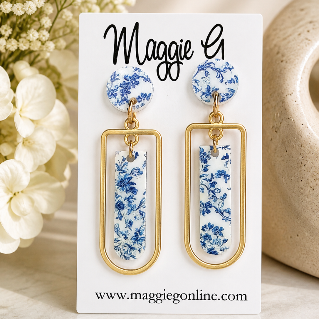 Blue Chinoiserie Floral Acrylic Drop Earrings with Gold Frame