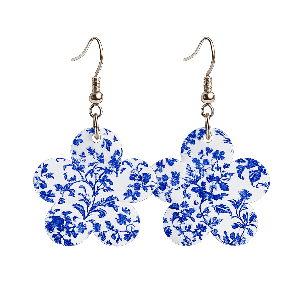 Blue Chinoiserie Floral Flower Dangle Earrings