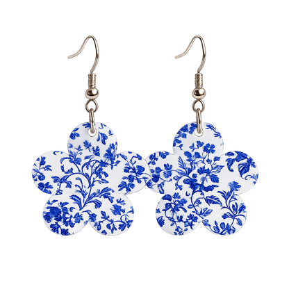 Blue Chinoiserie Floral Flower Dangle Earrings