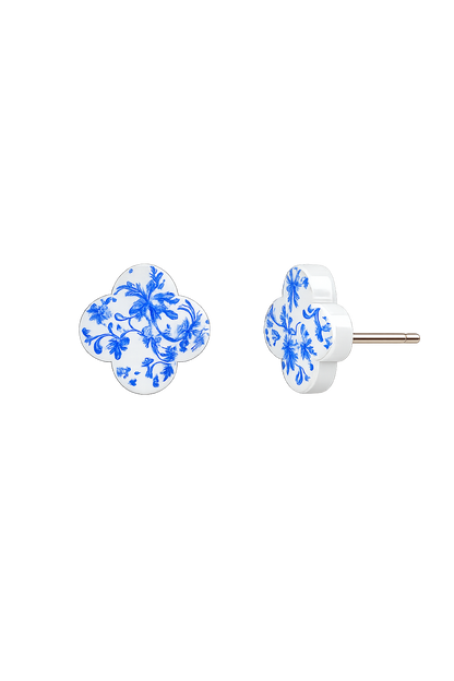Blue Chinoiserie Quatrefoil Acrylic Stud Earrings