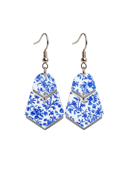Blue Chinoiserie Geometric Dangle Earrings