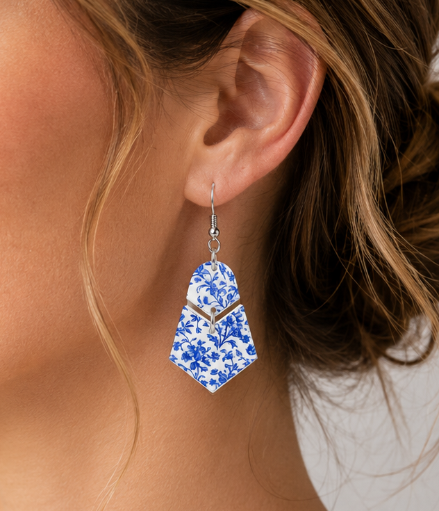 Blue Chinoiserie Geometric Dangle Earrings
