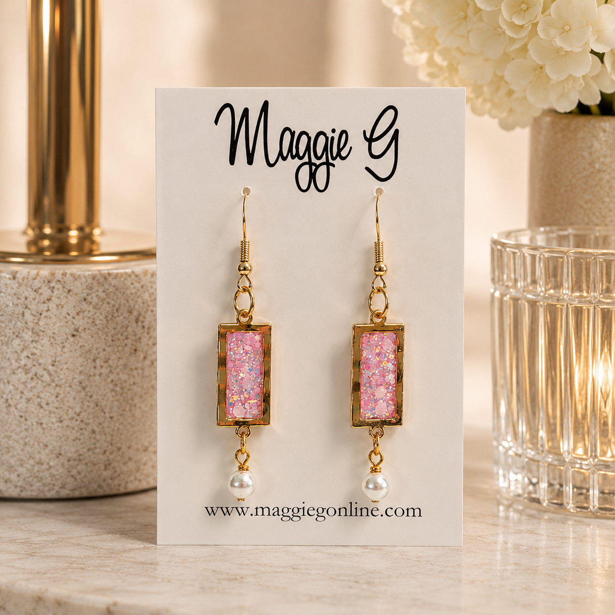 Trendy Gold Resin Earrings with Pearl Drop Accent | Handmade Boutique Jewelry