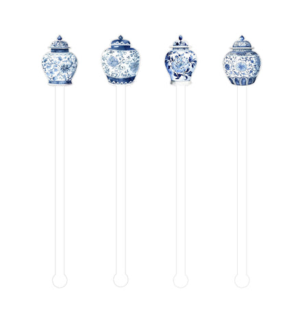 Blue Chinoiserie ginger jars - Beverage Stick -  Drink Stick - Swizzle Stick - Drink Stirrers - Cocktail Stir Stick