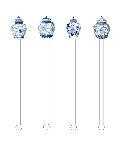 Blue Chinoiserie ginger jars - Beverage Stick -  Drink Stick - Swizzle Stick - Drink Stirrers - Cocktail Stir Stick