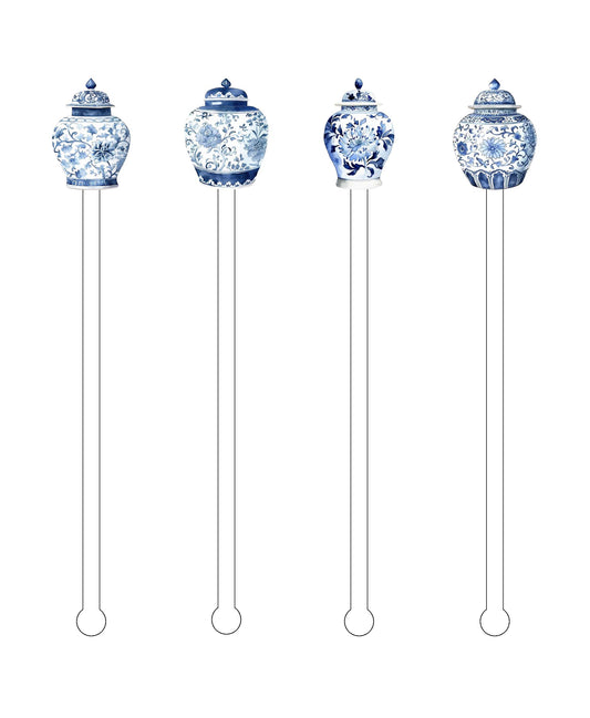 Blue Chinoiserie ginger jars - Beverage Stick -  Drink Stick - Swizzle Stick - Drink Stirrers - Cocktail Stir Stick