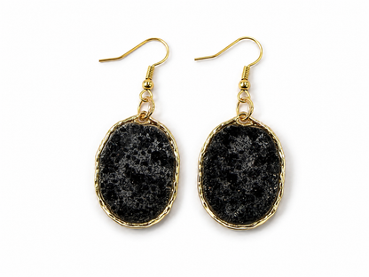 Black Oval Drop Earrings with Gold Trim | Trendy Lightweight Statement Earrings