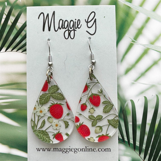 Summer Strawberry Earrings | Red Strawberry Flower Earrings | Strawberry Acrylic Earrings / TeardropEarrings