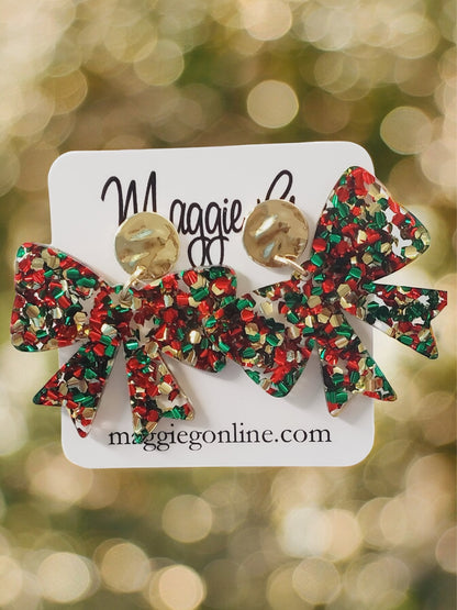 Coquette bow | Bow earrings | Custom Earrings | Christmas | Handmade Chunky Multi Color Glitter