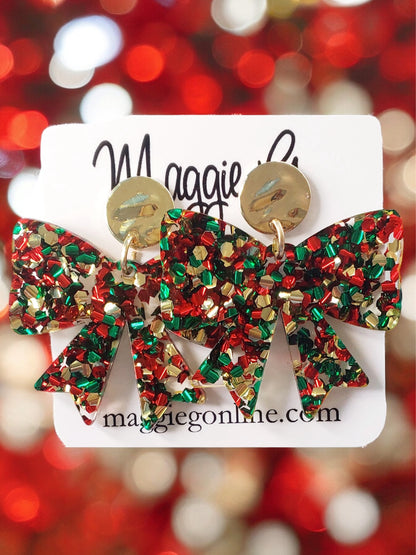 Coquette bow | Bow earrings | Custom Earrings | Christmas | Handmade Chunky Multi Color Glitter