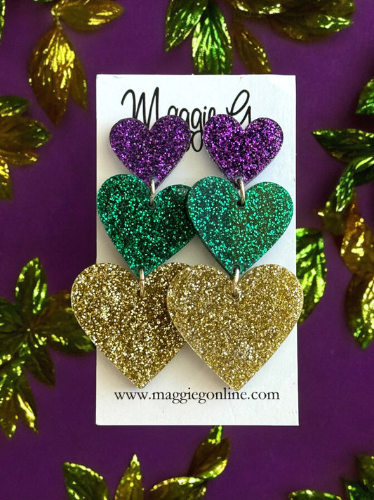 Mardi Gras Heart Earrings Acrylic Earrings