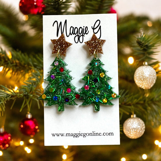 Christmas tree Handmade resin and glitter  earrings