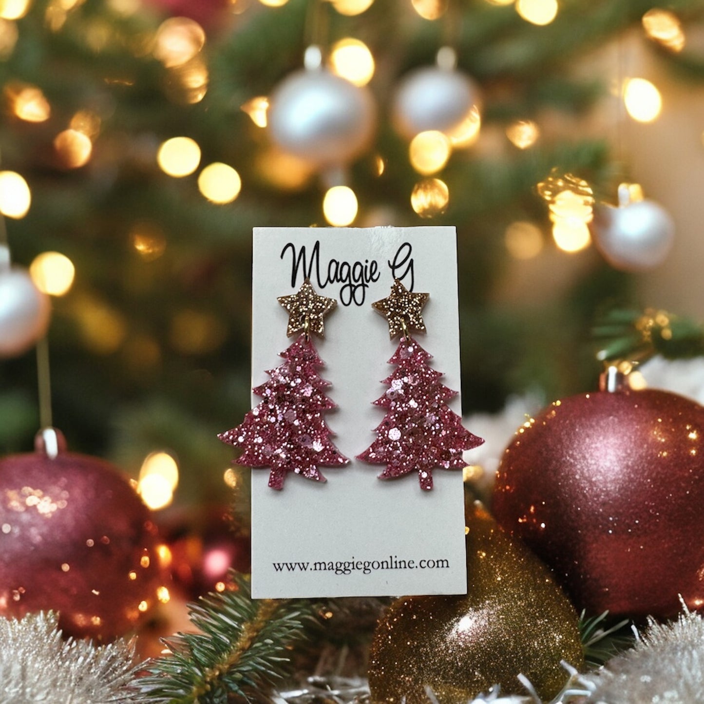 Christmas Tree Pink Glitter Earrings