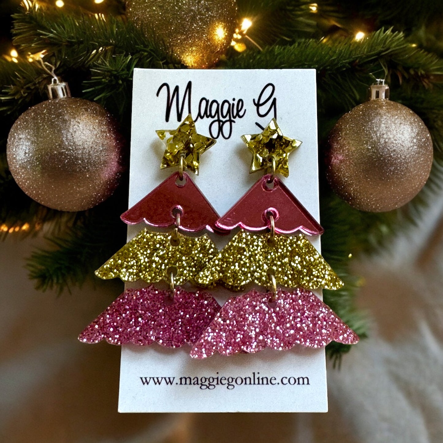 Christmas Tree Earrings Pink Gold Glitter