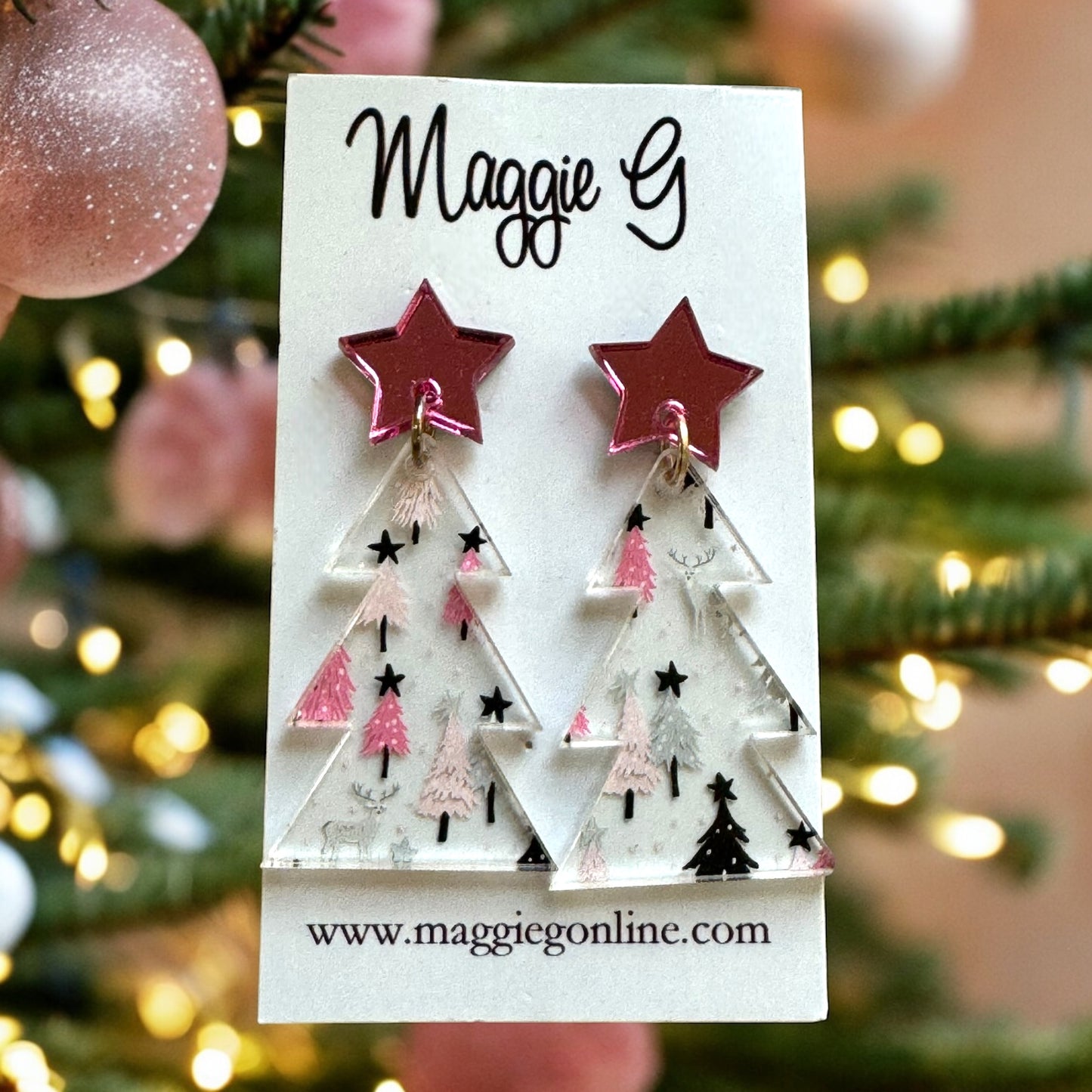 Christmas Tree Earrings Pink Christmas Tree Design