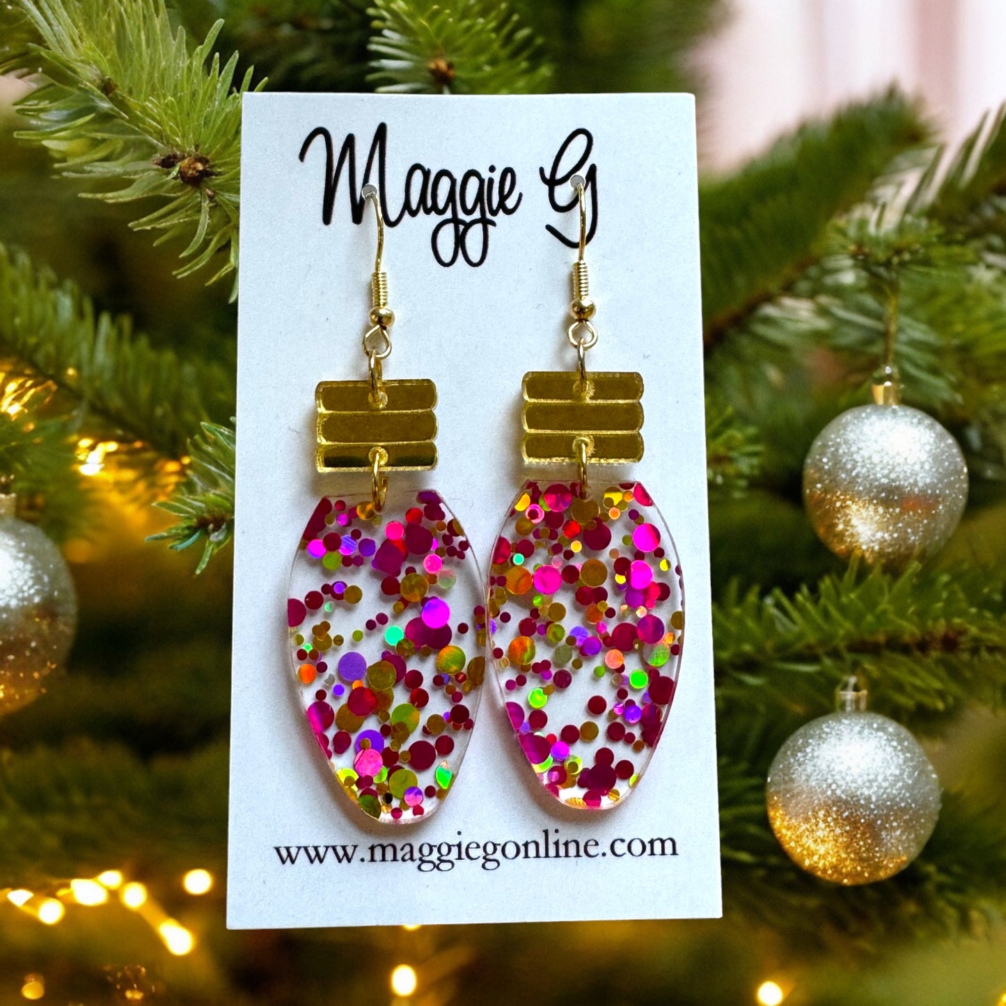 Christmas Light Bulb Earring Pink and Gold Glitter