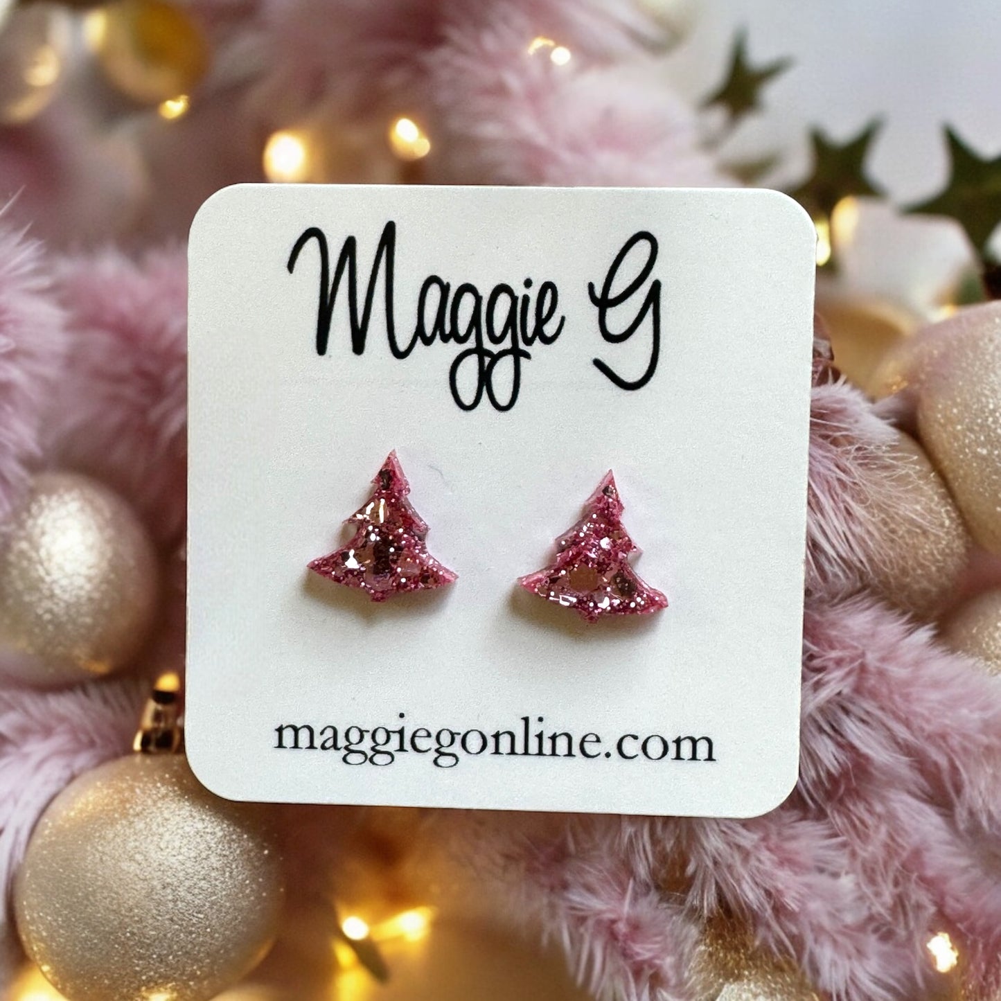 Christmas Tree Post Earrings Pink Glitter