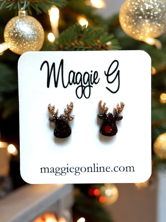 Handmade resin and glitter Reindeer earrings small studs.