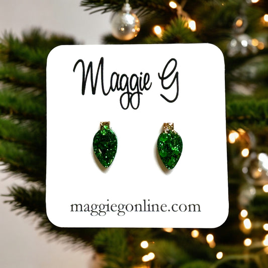 Handmade resin and glitter Christmas Light Bulb Green earrings small studs