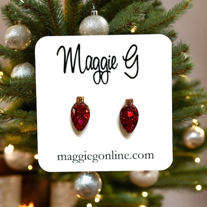 Handmade resin and glitter Christmas Light Bulb Red earrings small studs