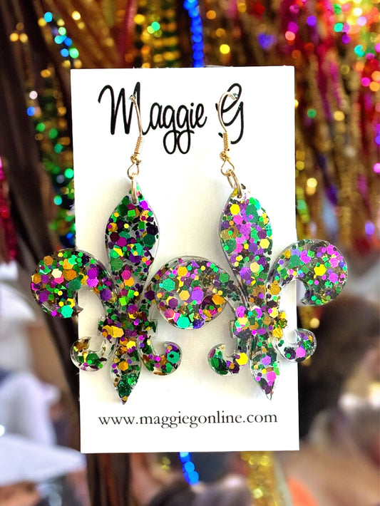 Fleur de Lis Mardi Gras Glitter / Handmade resin and glitter  earrings
