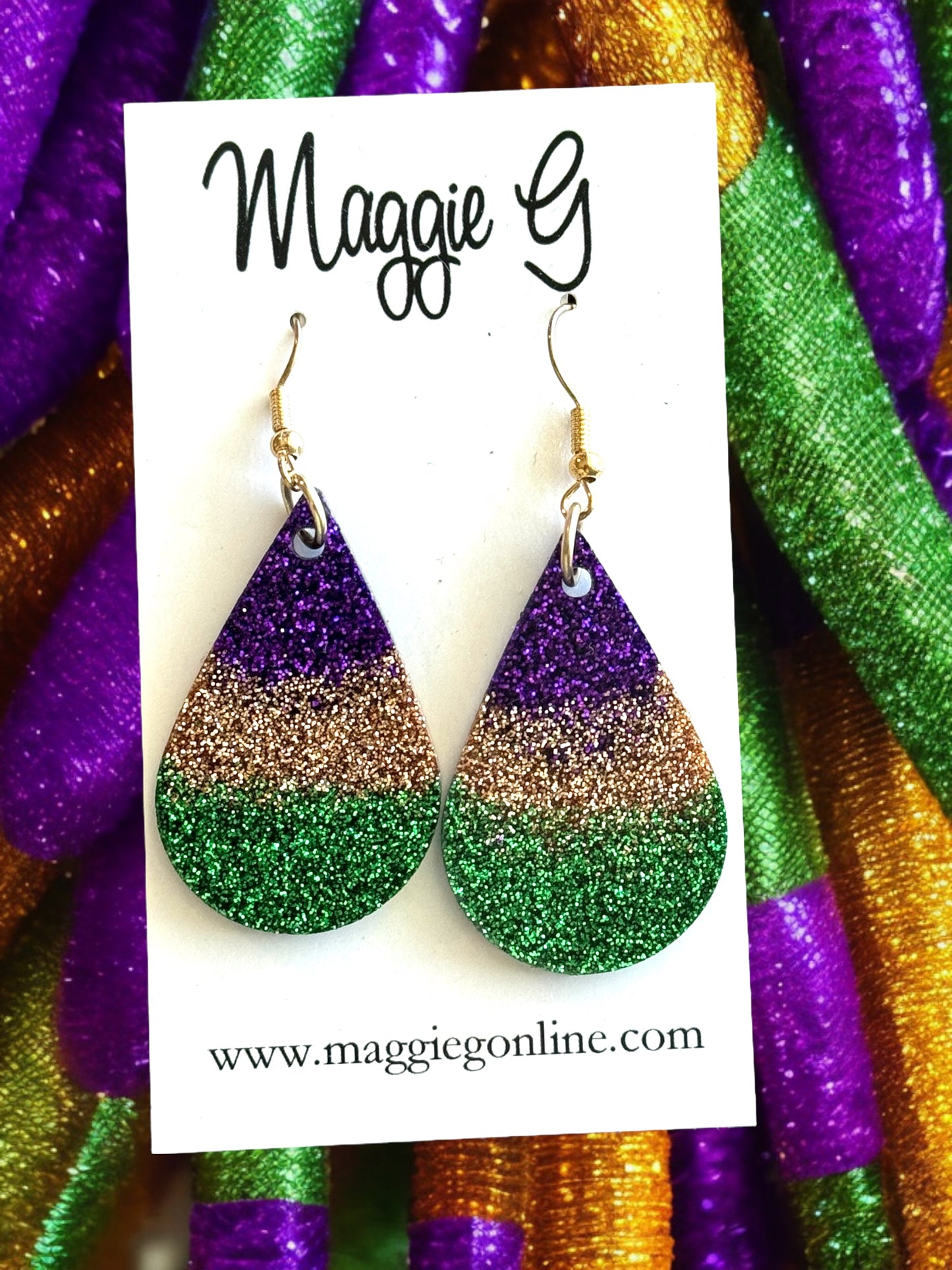 Mardi Gras Teardrop / Handmade resin and glitter  earrings