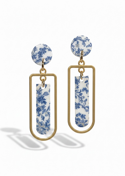 Blue Chinoiserie Floral Acrylic Drop Earrings with Gold Frame