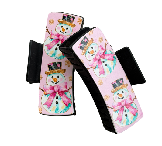 Pink Snowman Christmas Hair Claw Clip
