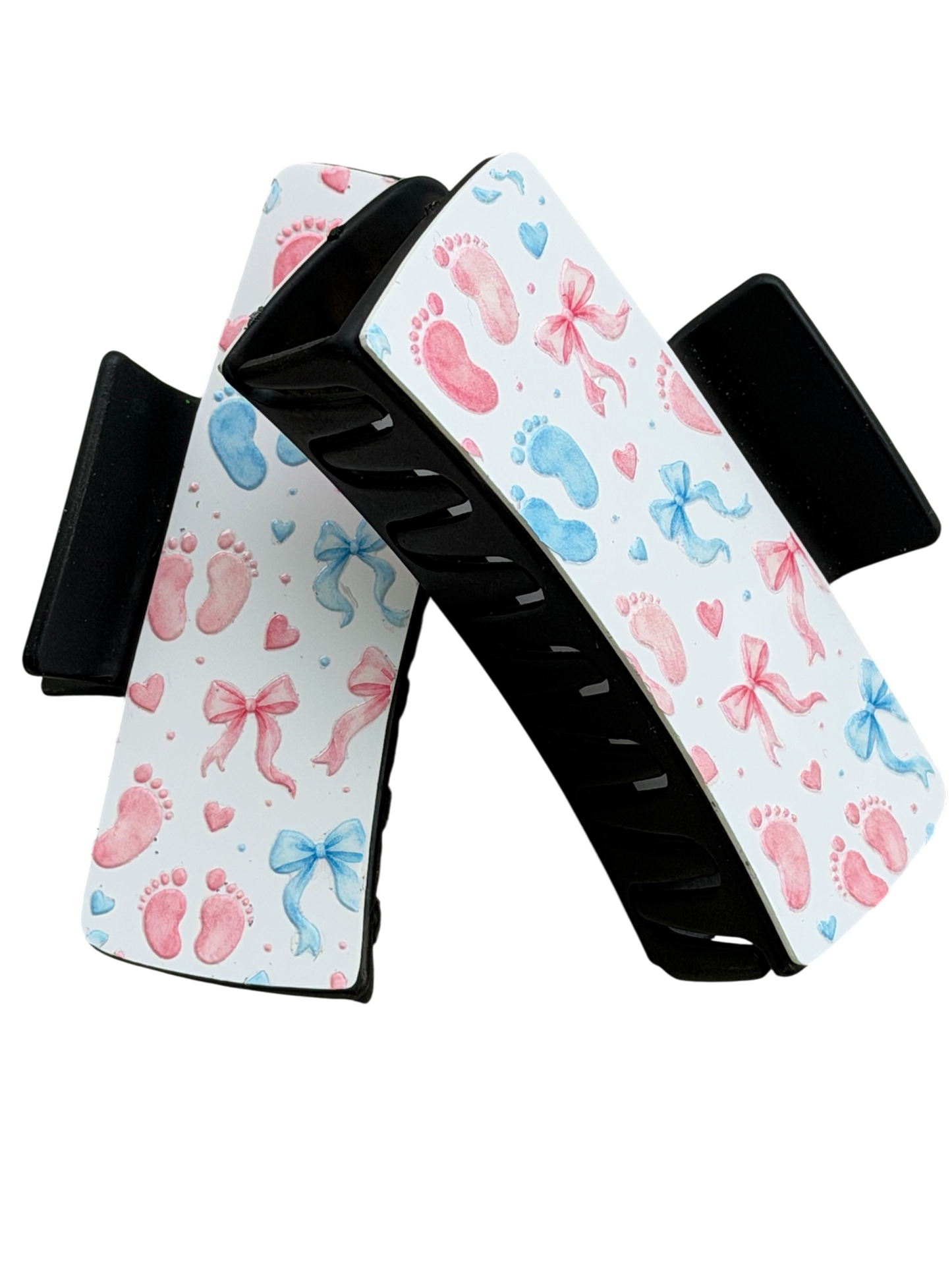 Pediatric Nurse Hair Claw Clip – Pink & Blue Baby Feet and Bows Design