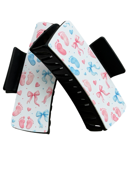 Pediatric Nurse Hair Claw Clip – Pink & Blue Baby Feet and Bows Design
