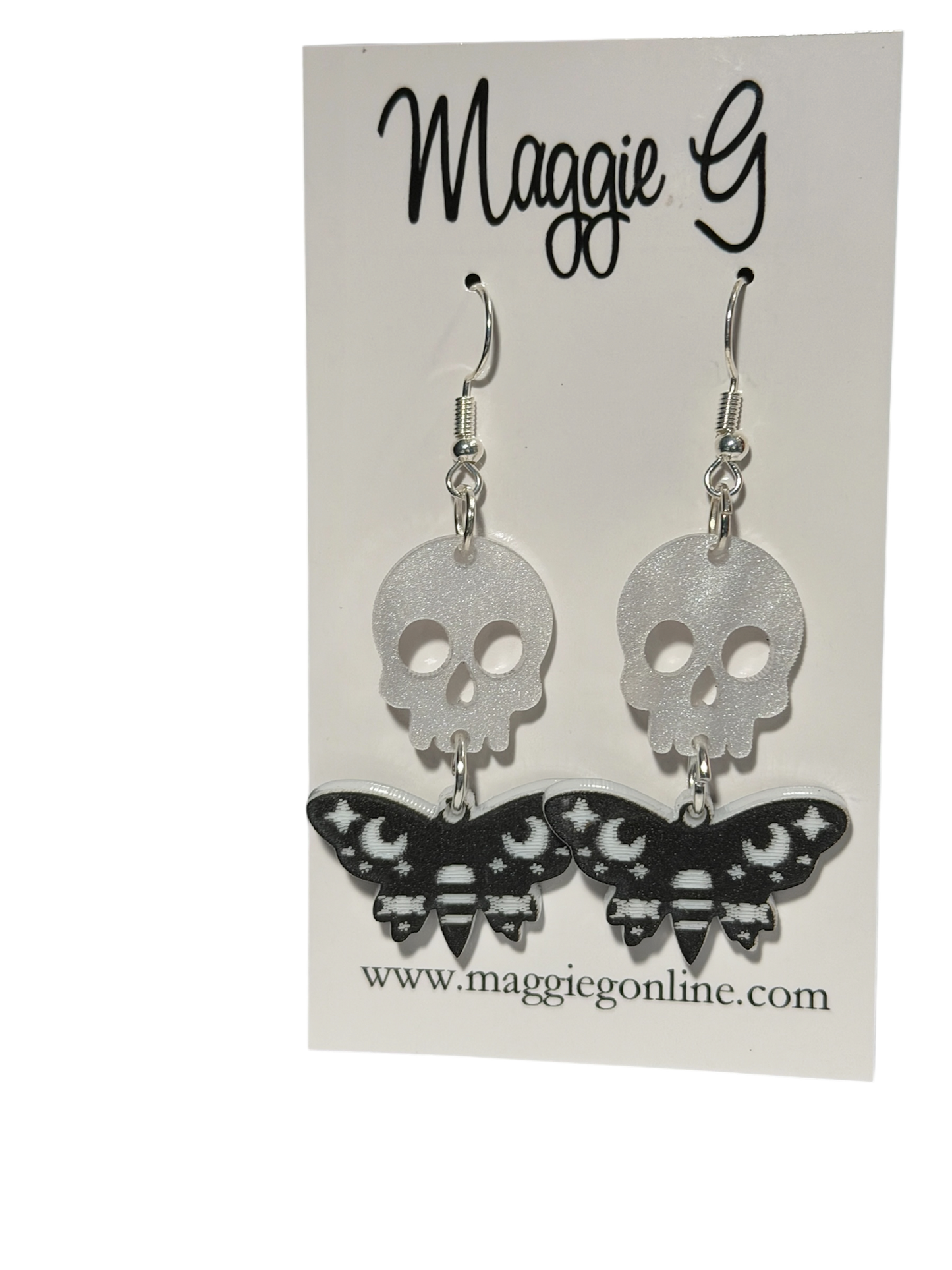 Gothic Skull and Moth Dangle Earrings – Black and White Halloween Jewelry