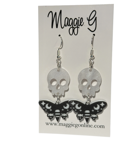 Gothic Skull and Moth Dangle Earrings – Black and White Halloween Jewelry