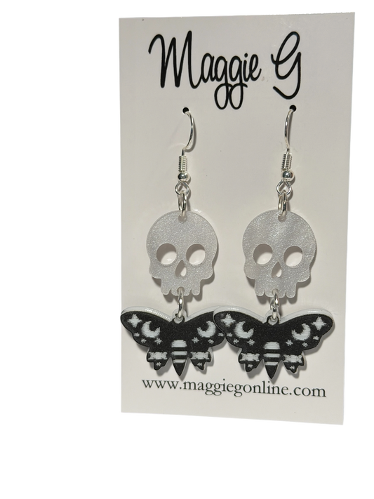 Gothic Skull and Moth Dangle Earrings – Black and White Halloween Jewelry