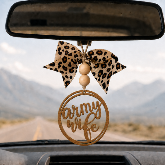 Army Wife Rear View Mirror Charm | Military Spouse Car Accessory | Wooden Car Charm with Leopard Bow