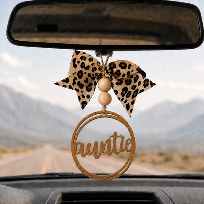 Auntie Rear View Mirror Charm | Aunt Gift | Wooden Car Charm with Leopard Bow | Rear View Mirror Accessory